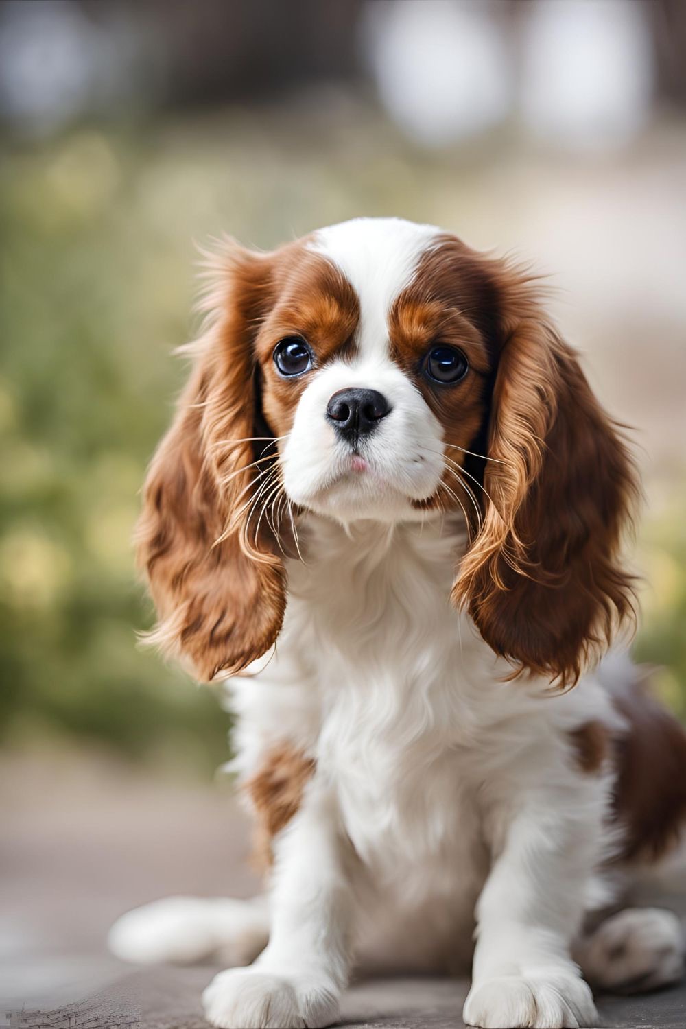 Blenheim Cavalier King Charles Spaniel puppy sitting outdoors